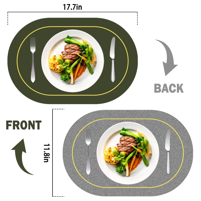 Placemats Set of 6 Table Mats Waterproof Wipeable Leather Placemats Heat Resistant Non-Slip Kitchen Decor Placemats (green + gray) - Image 2