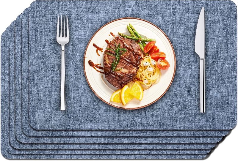 Placemats Set of 6,  Heat Resistant Place Mats, Washable PVC Table Mats, Woven Vinyl Plastic Placemats for Dining Table, Non-Slip Stain Resistant Kitchen Table Placemats ，17’’×12’’, Blue